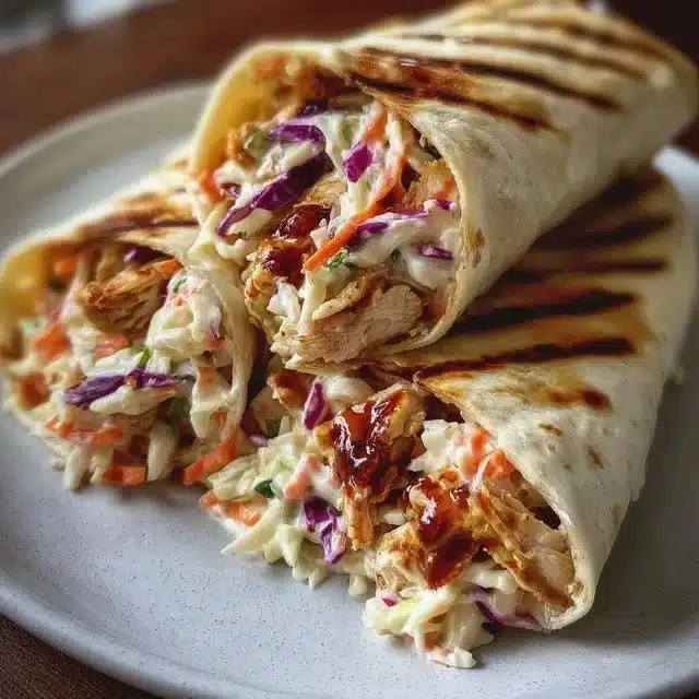 BBQ Chicken Coleslaw Wraps served on a plate with fresh ingredients