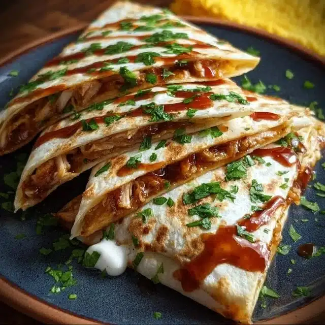 Delicious BBQ chicken quesadillas served with salsa and sour cream.