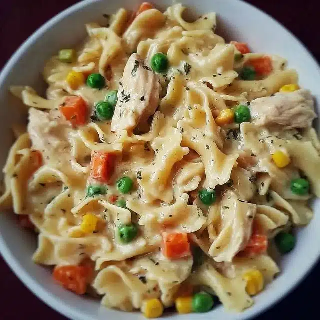Delicious Classic Chicken Pot Pie Pasta dish served in a bowl