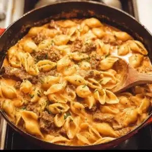 Creamy beef and shells pasta dish with a rich sauce and savory beef.