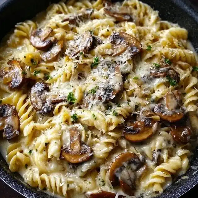 Creamy mushroom gruyere pasta served in a bowl, showcasing its rich, delicious texture.