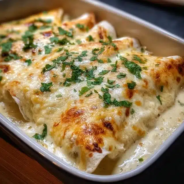 Creamy white chicken enchiladas topped with cheese and salsa