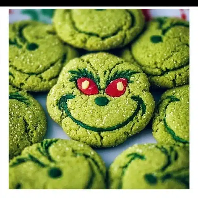 Delicious green Grinch Cookies decorated for Christmas festivities