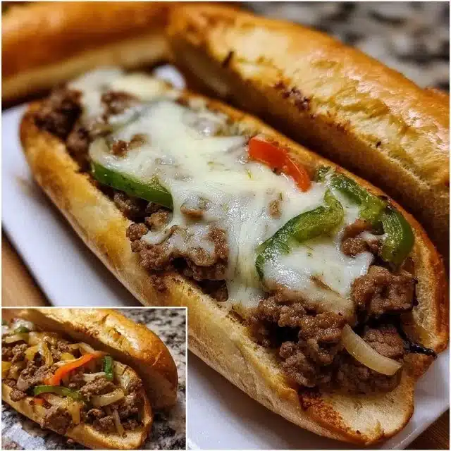 Delicious Ground Beef Philly Cheesesteaks with melted cheese and sautéed onions