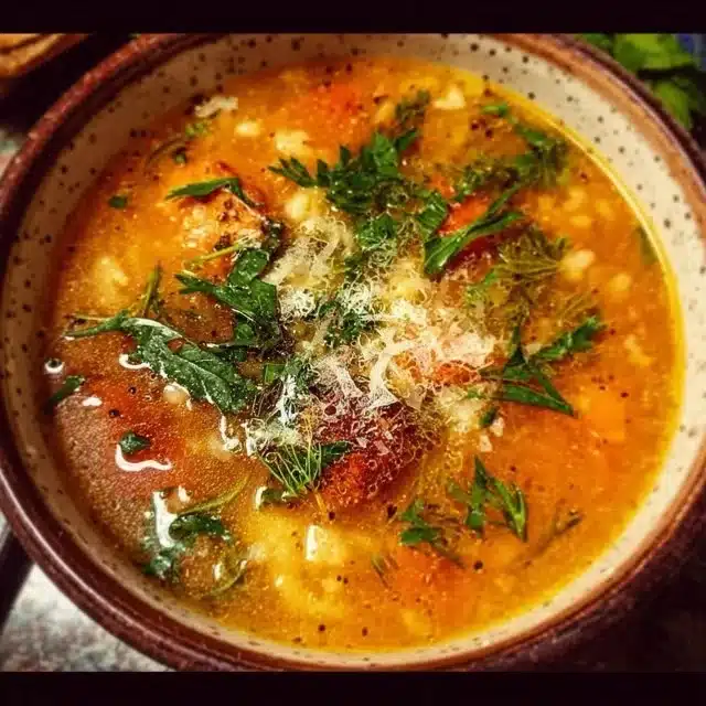 Delicious bowl of Italian Penicillin Soup with fresh ingredients and aromatic herbs