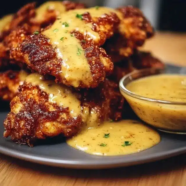 Plate of Pretzel Chicken with Mustard-Cheddar Sauce