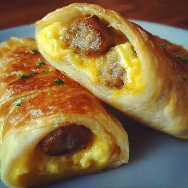 Sausage Egg Breakfast Roll-Ups served on a plate for a quick morning meal