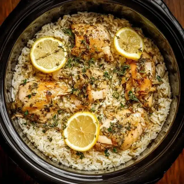 Slow Cooker Lemon Herb Chicken garnished with herbs and served on fluffy rice