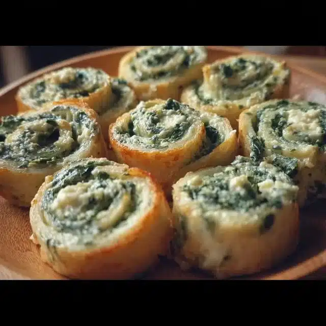 Bite-sized pinwheels filled with creamy spinach dip on a platter.